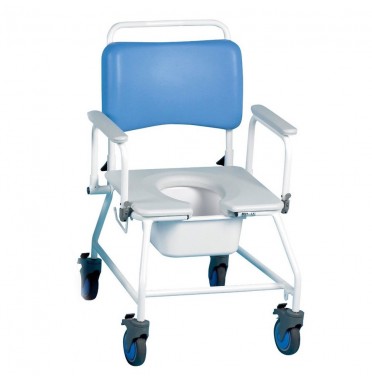 Heavcy duty extra wide Atlantic bariatric commode shower chair viwed from the front showing the padded seat and seat back