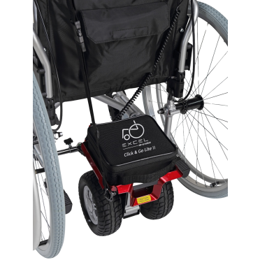 Excel Click & Go Lite II powerpack installed on a manual wheelchair