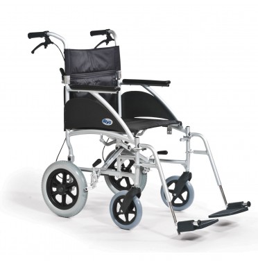 Days Swift transit wheelchair with attendant brakes in silver showing side view