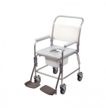 Days aluminium shower and commode chair showing the vinyl seat, flip up foot rests and locking castor wheels