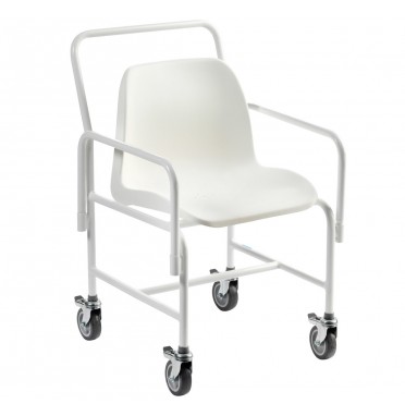 Hallaton Mobile Shower Chair viewed from the side showing plastic seat and all four wheels