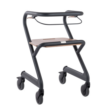 Anthracite colured Page rollator viewed from side angle showing all 4 castor wheels