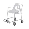 Roma Mobile Wheeled Shower Chair showing the slide out footrest and comfy plastic seat