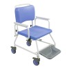 Atlantic shower commode wheeled chair viewed from the side showing the foot rest and arm rests