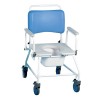 Atlantic shower wheeled commode chair front view displaying the comfortable vinyl seat and locking wheels