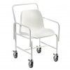 Hallaton Mobile Shower Chair viewed from the side showing plastic seat and all four wheels