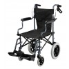 A compact folding porterage wheelchair viewed from the side
