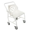 Wheeled mobile shower chair with detachable arms viwed side on showing the strong steel frame