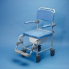 Commode shower chair with foot rests, locking castor wheels, padded arm rests and comfy looking seat